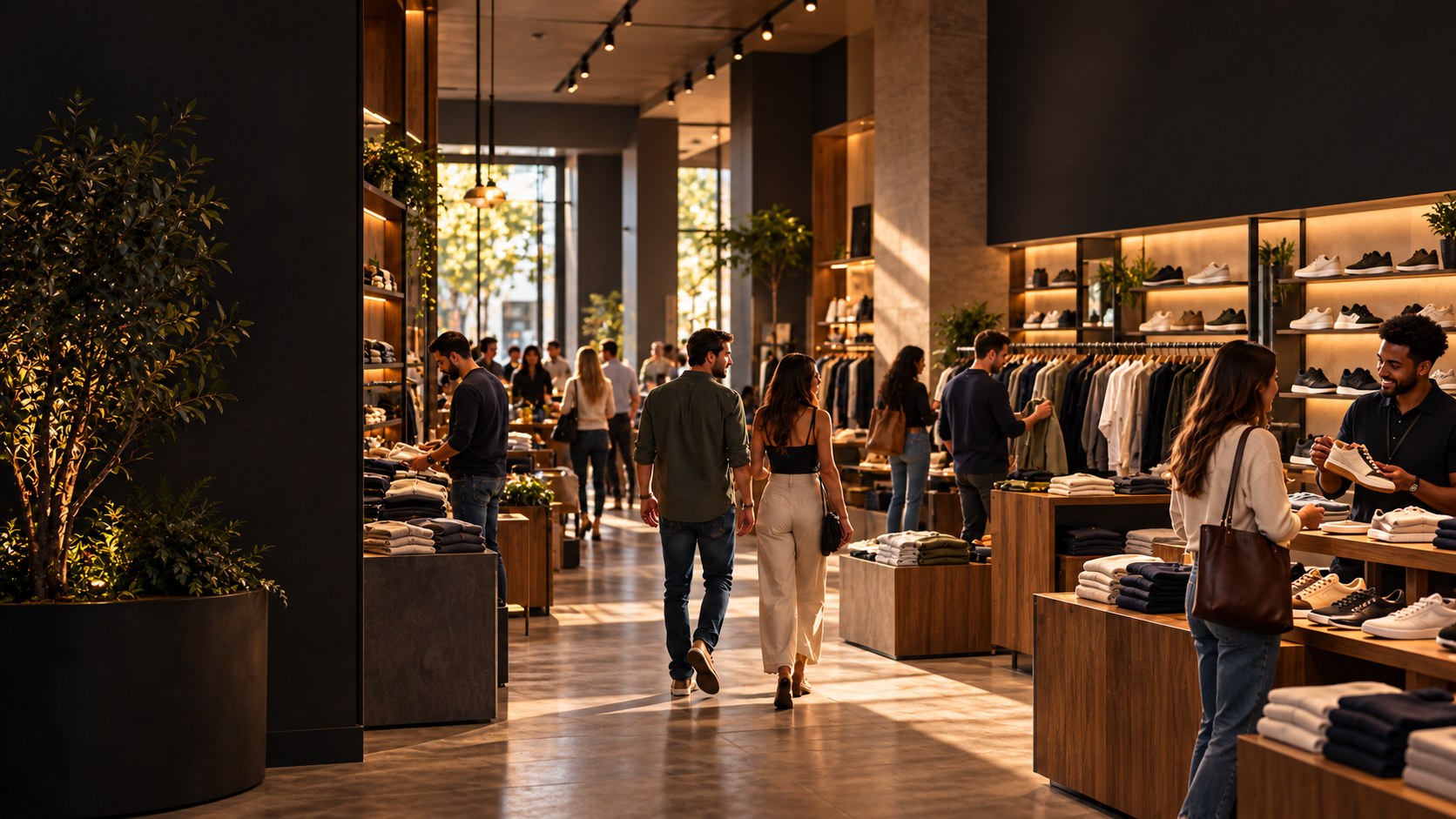 Illustrative retail environment with people browsing and talking